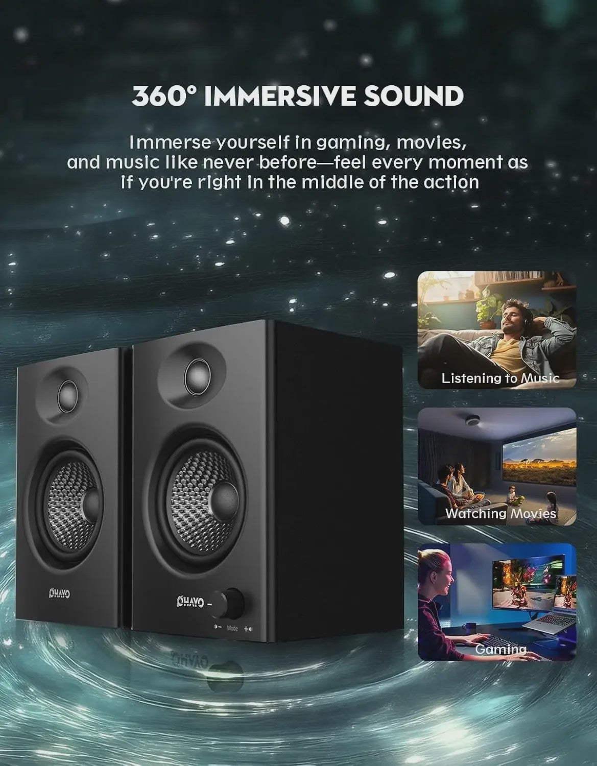 OHAYO C6 Actieve Boekenplank Speakers: 60W, Bluetooth 5.3, Glasvezel Unit, Multi-Input (USB/RCA/AUX) voor PC Gaming