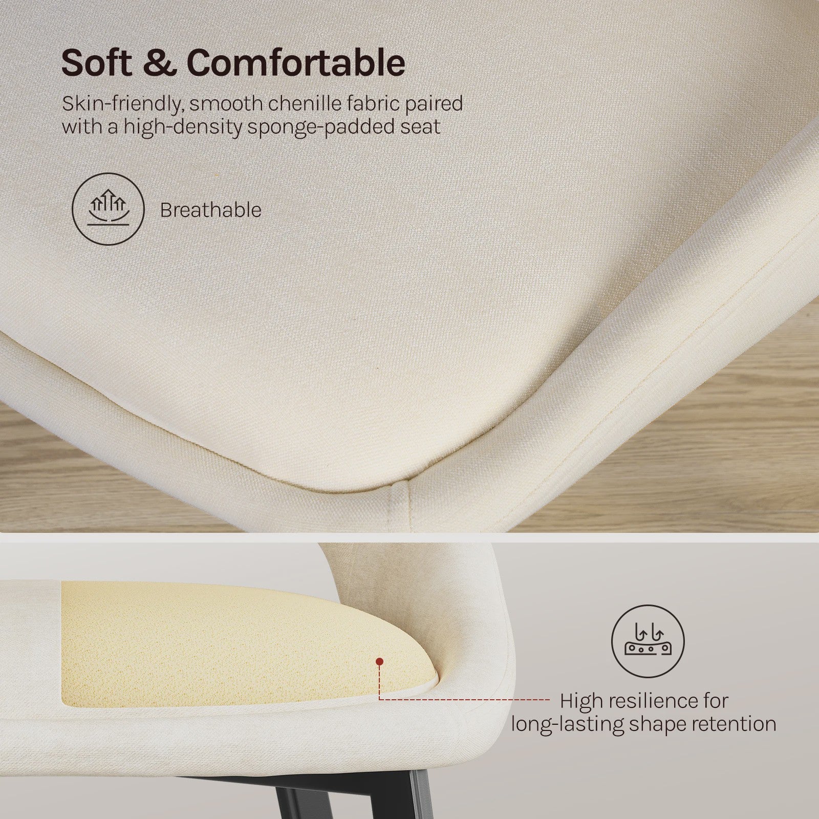 Set van 6 Luxe Eetkamerstoelen - Chenille Bekleding, Holle Rug & Metalen Poten