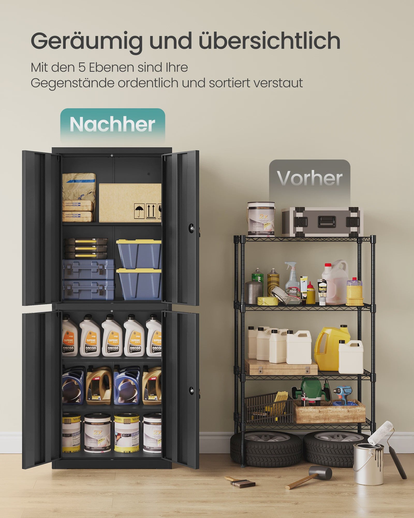 SONGMICS Metalen Archiefkast / Opbergkast - Zwart, 40x60x180 cm, 4 Deuren, 2 Slotjes
