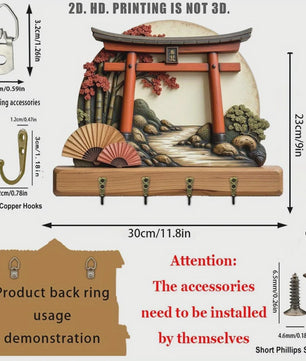 Japanse Torii Poort Sleutelhanger & Wandrek met 4 Haken - Decoratief Hout