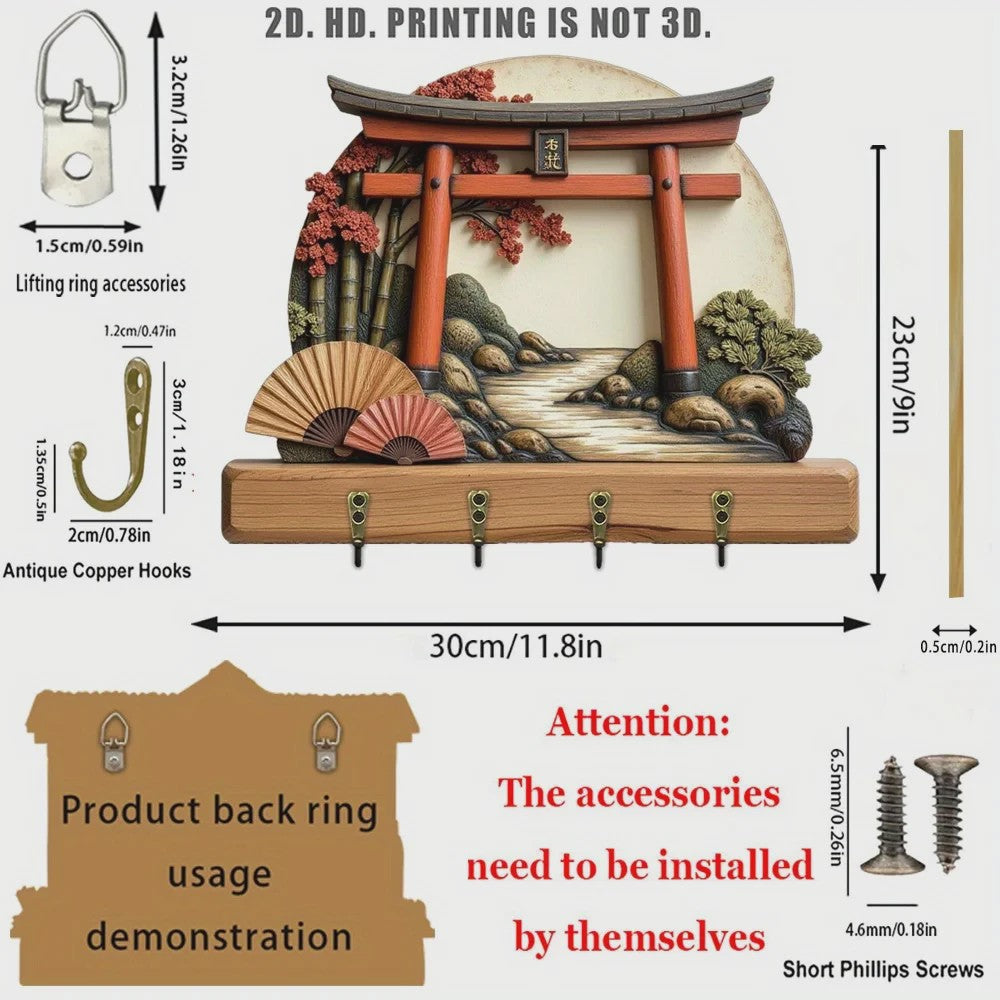 Japanse Torii Poort Sleutelhanger & Wandrek met 4 Haken - Decoratief Hout