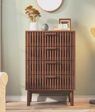 Ladekast met 4 laden, eikenhout look, massief houten poten - Decoratieve opberger voor hal, woonkamer of slaapkamer (60x34x91 cm)