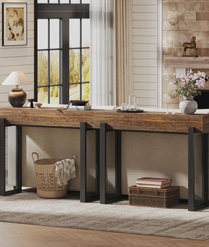 Industriële Houten Console Tafel met Opbergruimte en Metalen Mesh Poten - 104 cm