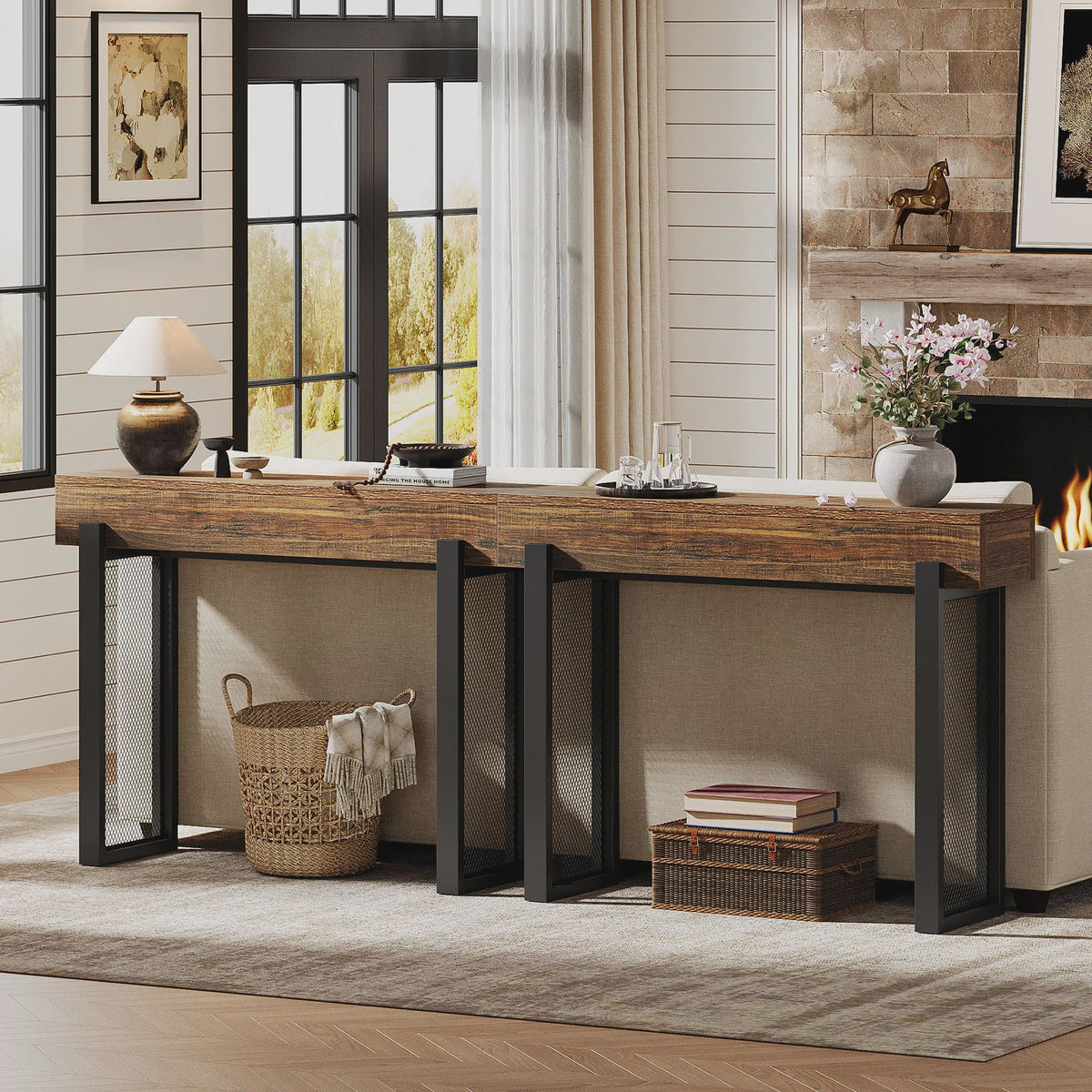 Industriële Houten Console Tafel met Opbergruimte en Metalen Mesh Poten - 104 cm