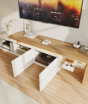 Moderne TV Meubel met LED Verlichting, 3 Lades en Glazen Partition - Wit/Zwart Hoogglans