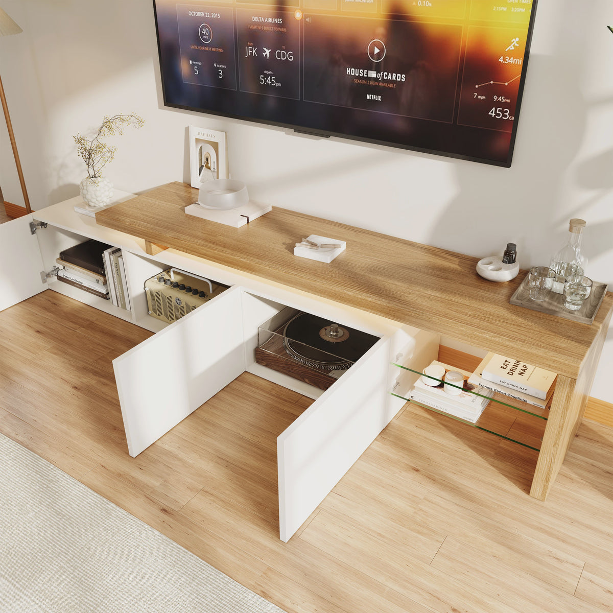 Moderne TV Meubel met LED Verlichting, 3 Lades en Glazen Partition - Wit/Zwart Hoogglans
