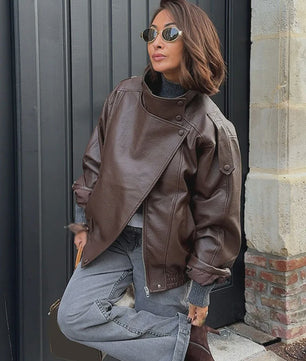 Dames Elegante Zwarte Jas - Street Style Asymmetrisch met Rits en Zakken