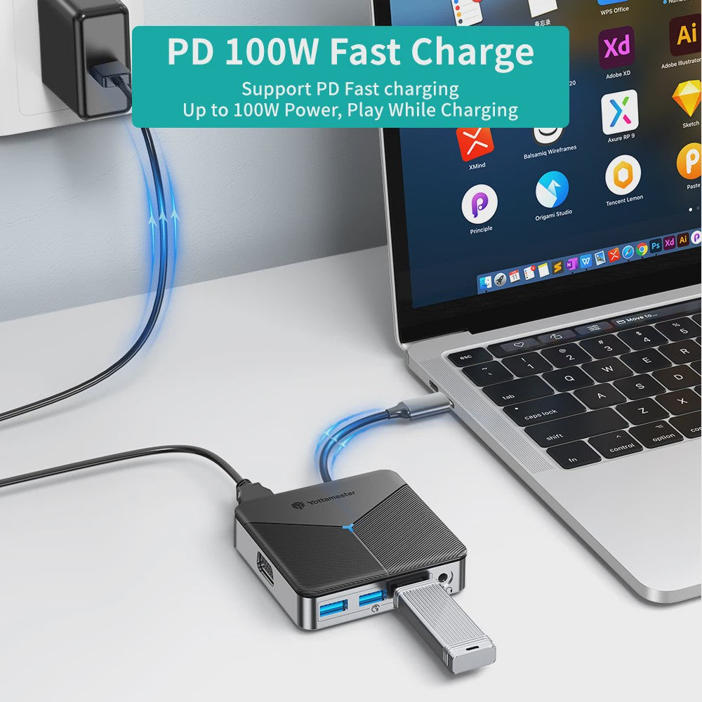 Yottamaster 8-in-1 USB-C Docking Station Hub met 100W PD, 4K@60Hz HDMI, RJ45, SD/TF Kaartlezer & Audio