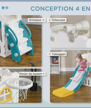 AIYAPLAY Kinder Speeltoestel 5-in-1: Glijbaan, Basketbal, Telescoop & Opbergruimte