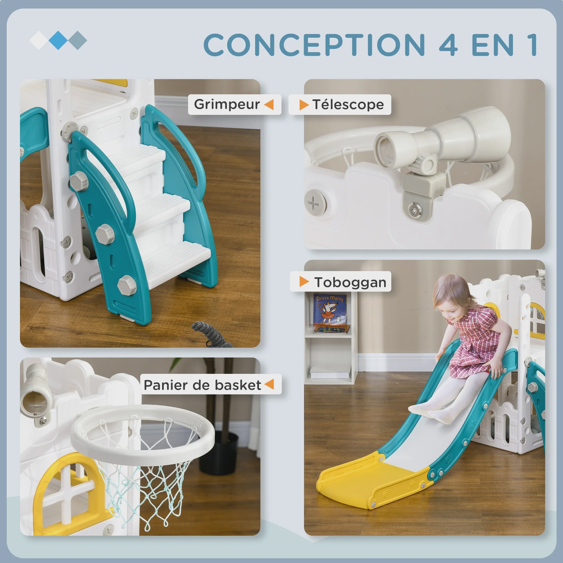 AIYAPLAY Kinder Speeltoestel 5-in-1: Glijbaan, Basketbal, Telescoop & Opbergruimte