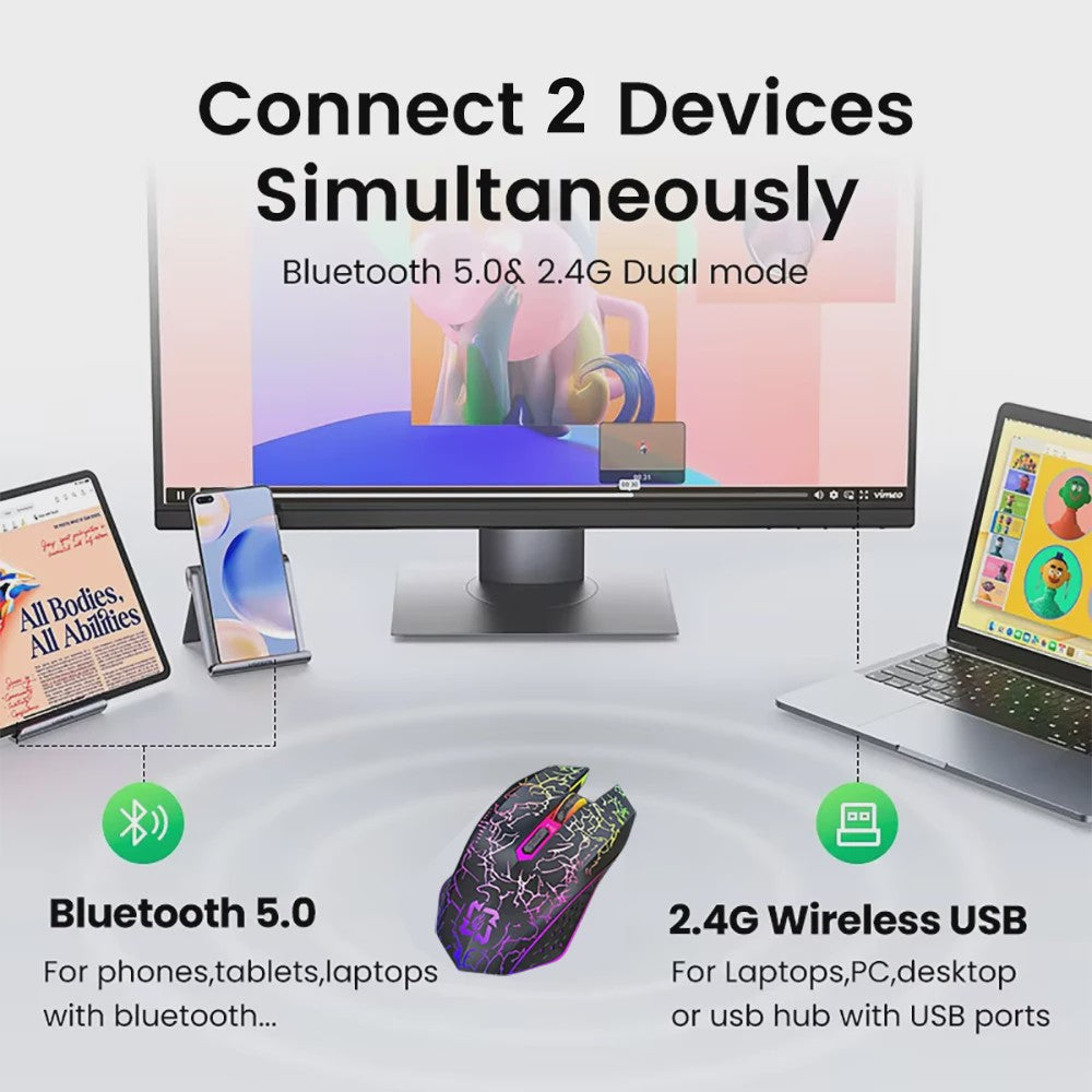 Ergonomische RGB Gaming Muis - Draadloos (2.4G & Bluetooth), Stil, 1600DPI, voor Laptop & Tablet
