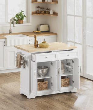 Keuken Eiland met Uittrekbaar Werkblad, Lades en Opbergruimte - Wit/Houtkleur