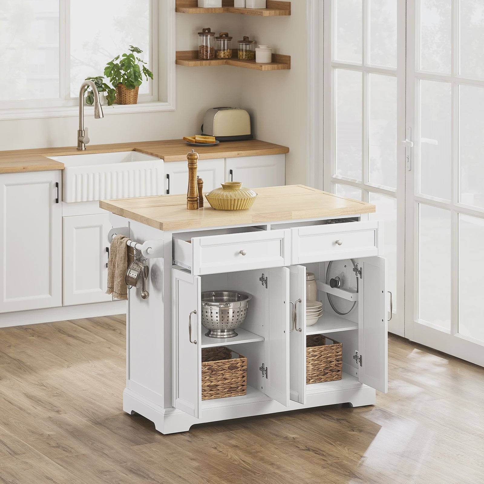 Keuken Eiland met Uittrekbaar Werkblad, Lades en Opbergruimte - Wit/Houtkleur