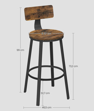 Set van 2 VASAGLE Industriële Barkrukken met Metalen Frame en Houten Zitting, Zithoogte 73 cm