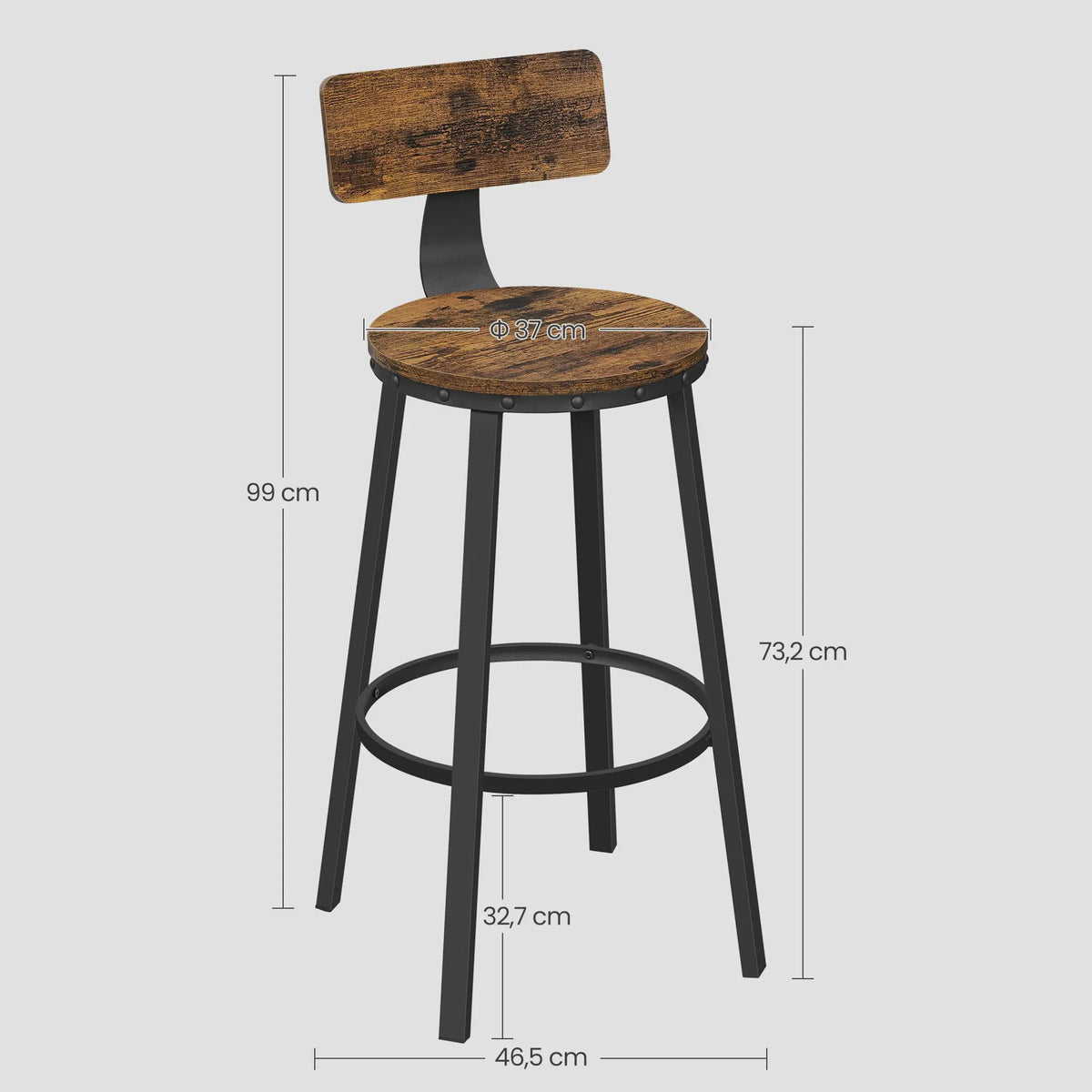 Set van 2 VASAGLE Industriële Barkrukken met Metalen Frame en Houten Zitting, Zithoogte 73 cm