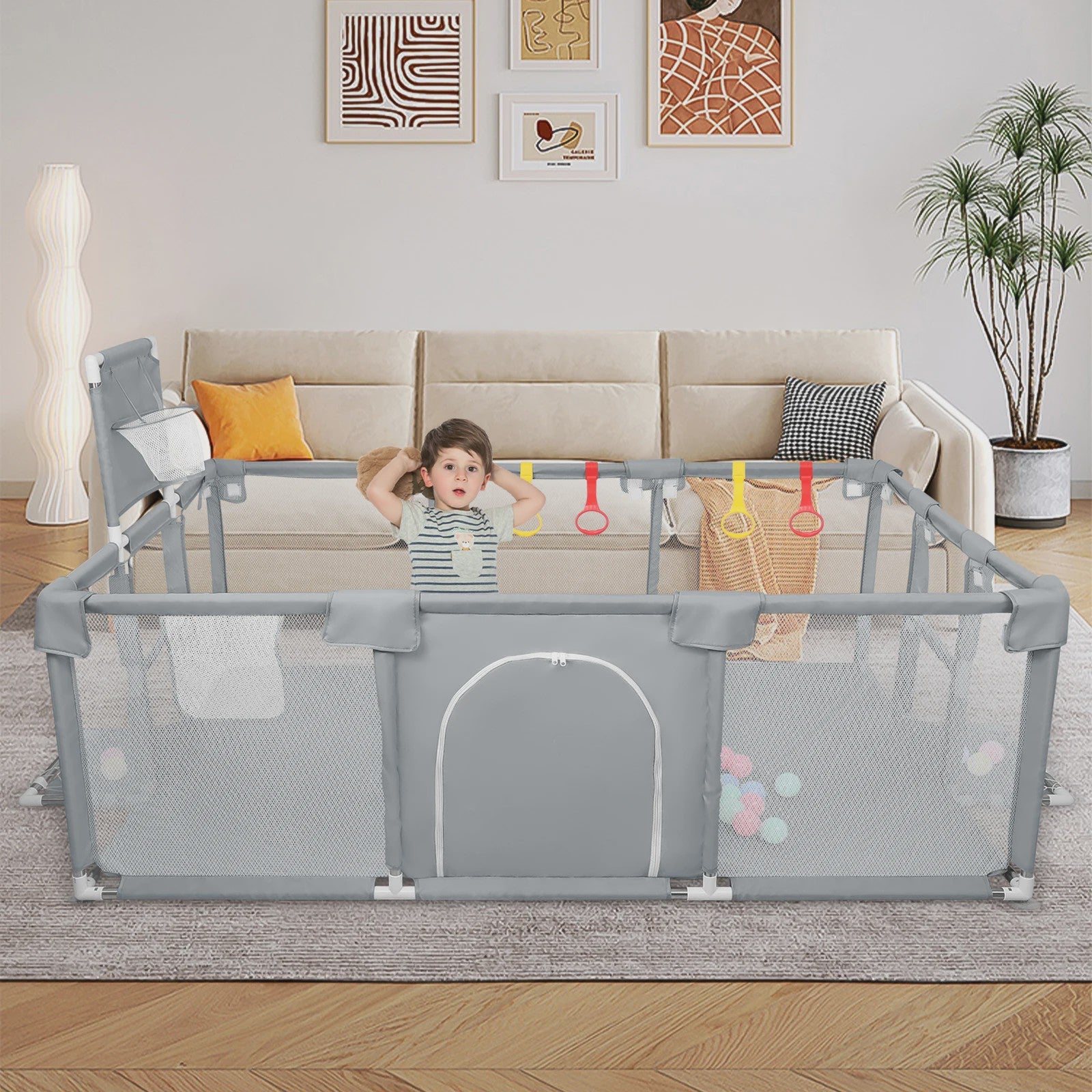 XL Baby Speelpen 180x120cm met Basketbalring, Voetbalframe en 50 Ballen