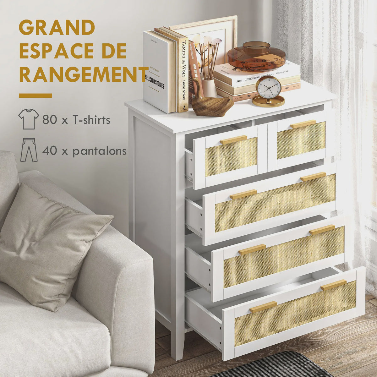 Stijlvolle Commode met 5 Lades en Rotan Fronten - Ideaal voor Woonkamer, Slaapkamer of Kantoor