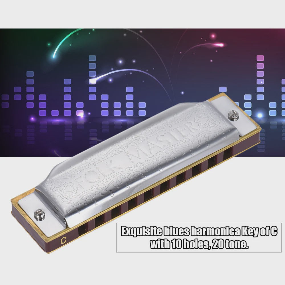 Folkmaster Blues Harmonica - 10 Gaten, 20 Tonen, Diatonisch - Ideaal voor Beginners
