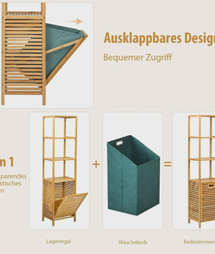 Bamboe Badkamerrek met Wasmand - 2-in-1 Hoge Kast met 3 Planken