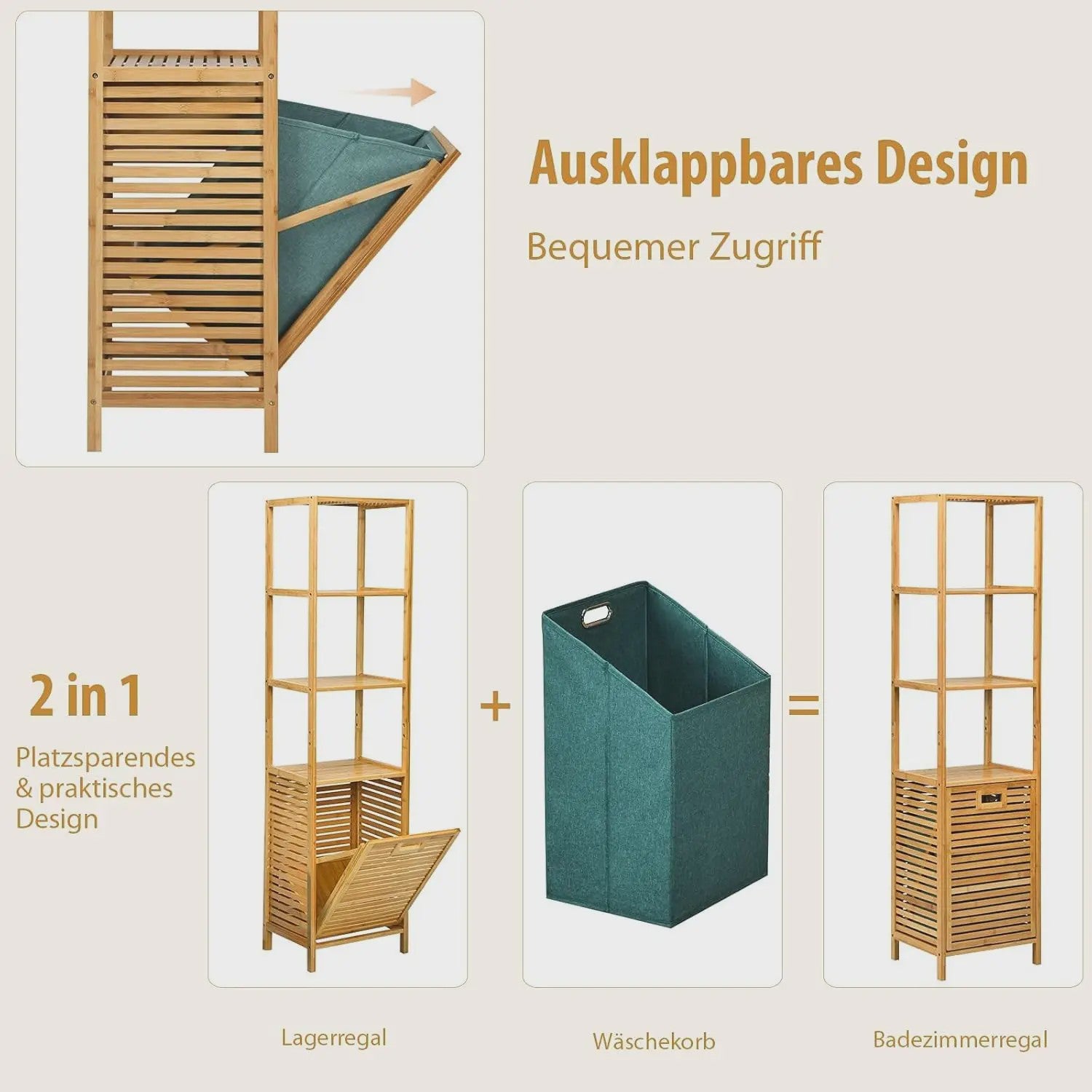 Bamboe Badkamerrek met Wasmand - 2-in-1 Hoge Kast met 3 Planken