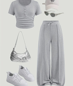 Casual Zomer Set voor Meisjes: T-shirt met Knopen & Wijde Broek - Grijs (5-13 jaar)