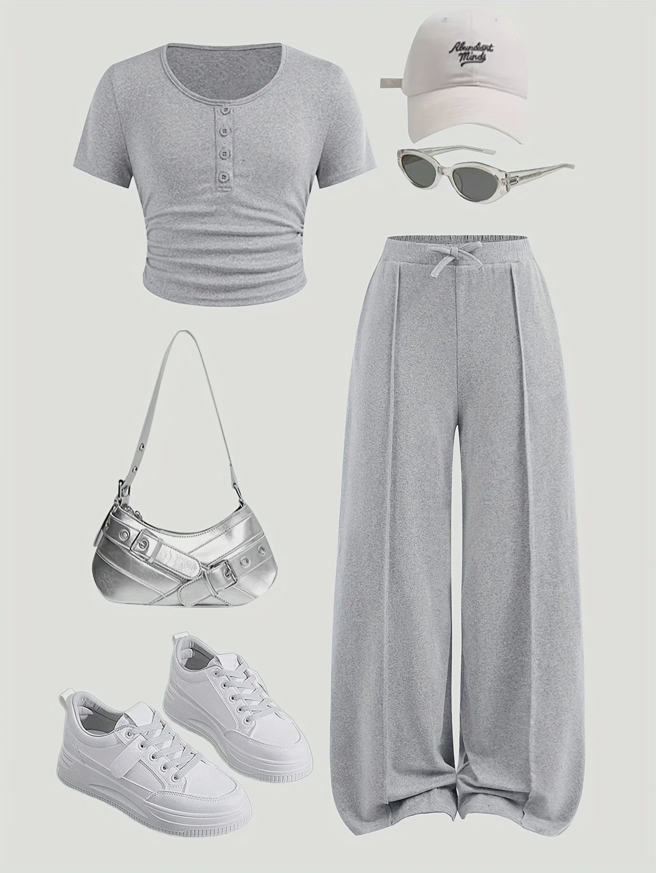 Casual Zomer Set voor Meisjes: T-shirt met Knopen & Wijde Broek - Grijs (5-13 jaar)