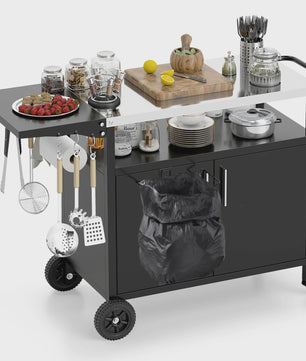Outdoor Keuken Eiland Grill Cart met Opbergruimte en Inklapbaar RVS Werkblad - Zwart