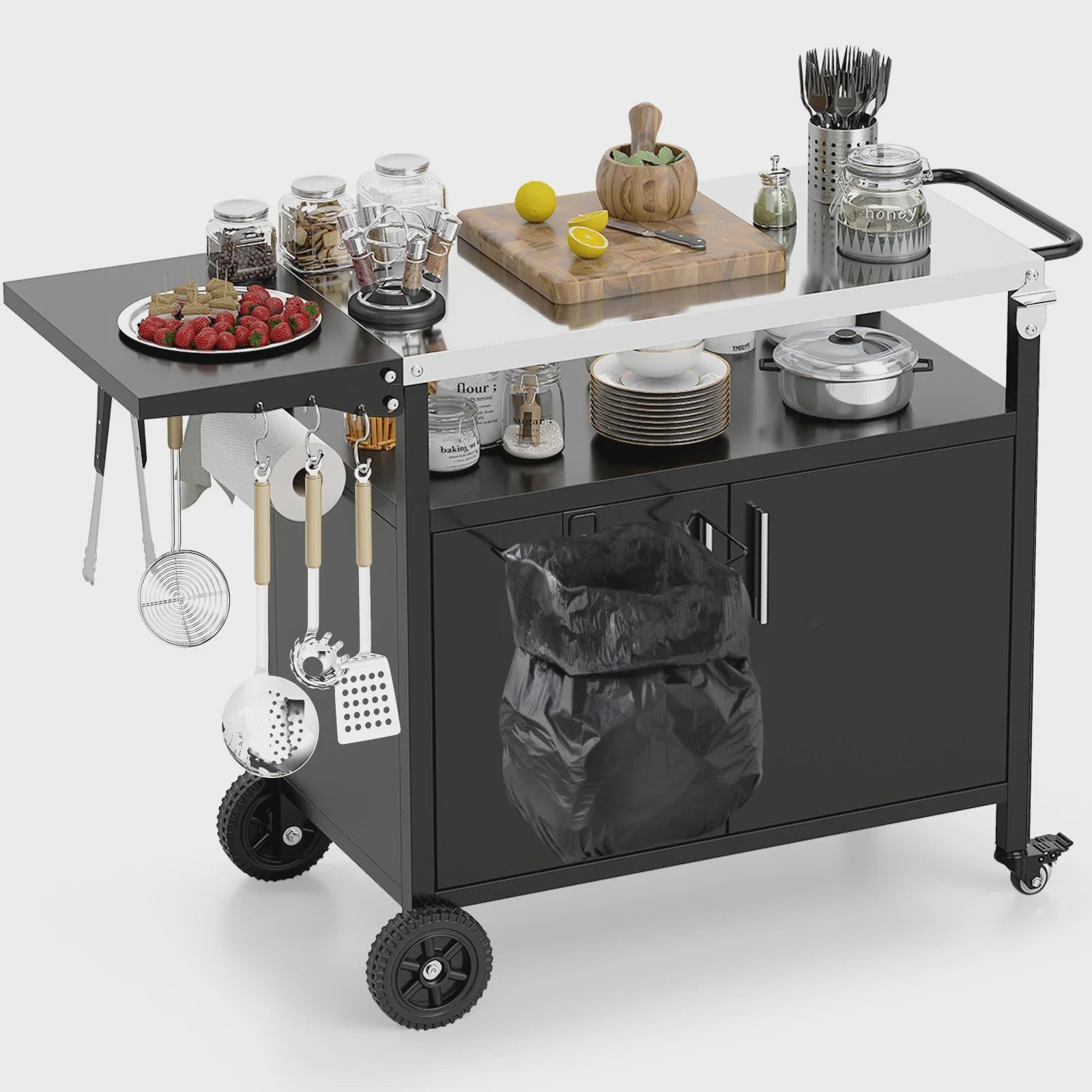 Outdoor Keuken Eiland Grill Cart met Opbergruimte en Inklapbaar RVS Werkblad - Zwart