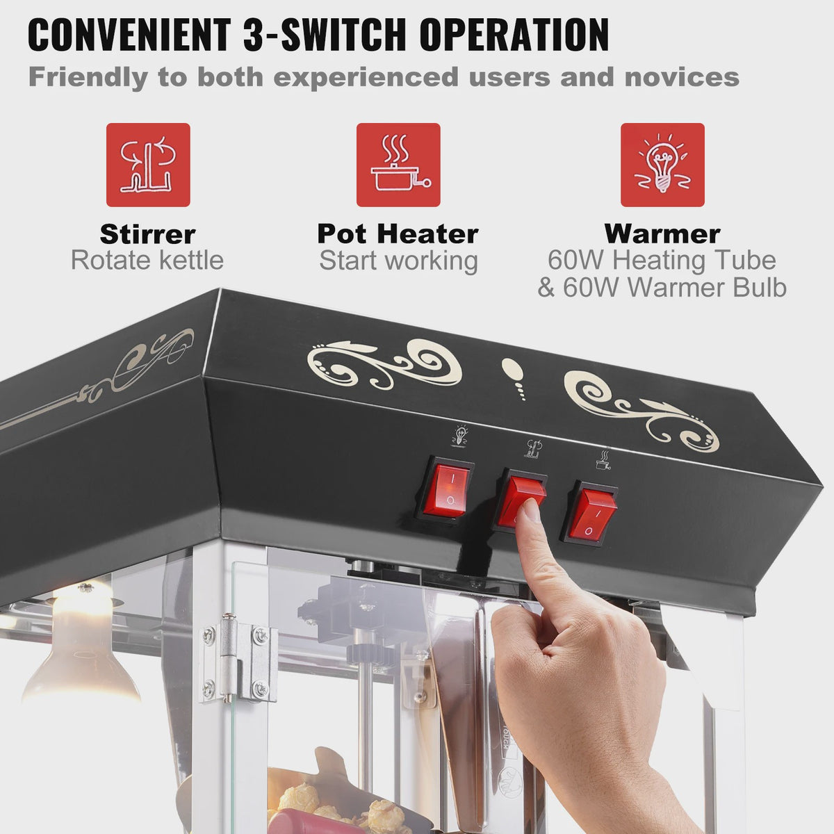 Professionele Popcorn Machine 850W - 8oz Ketel - Maakt tot 48 Cups per Batch