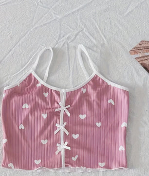 Dames Pyjama Set Hartjes Print - Cropped Cami Top met Strik & Elastische Shorts