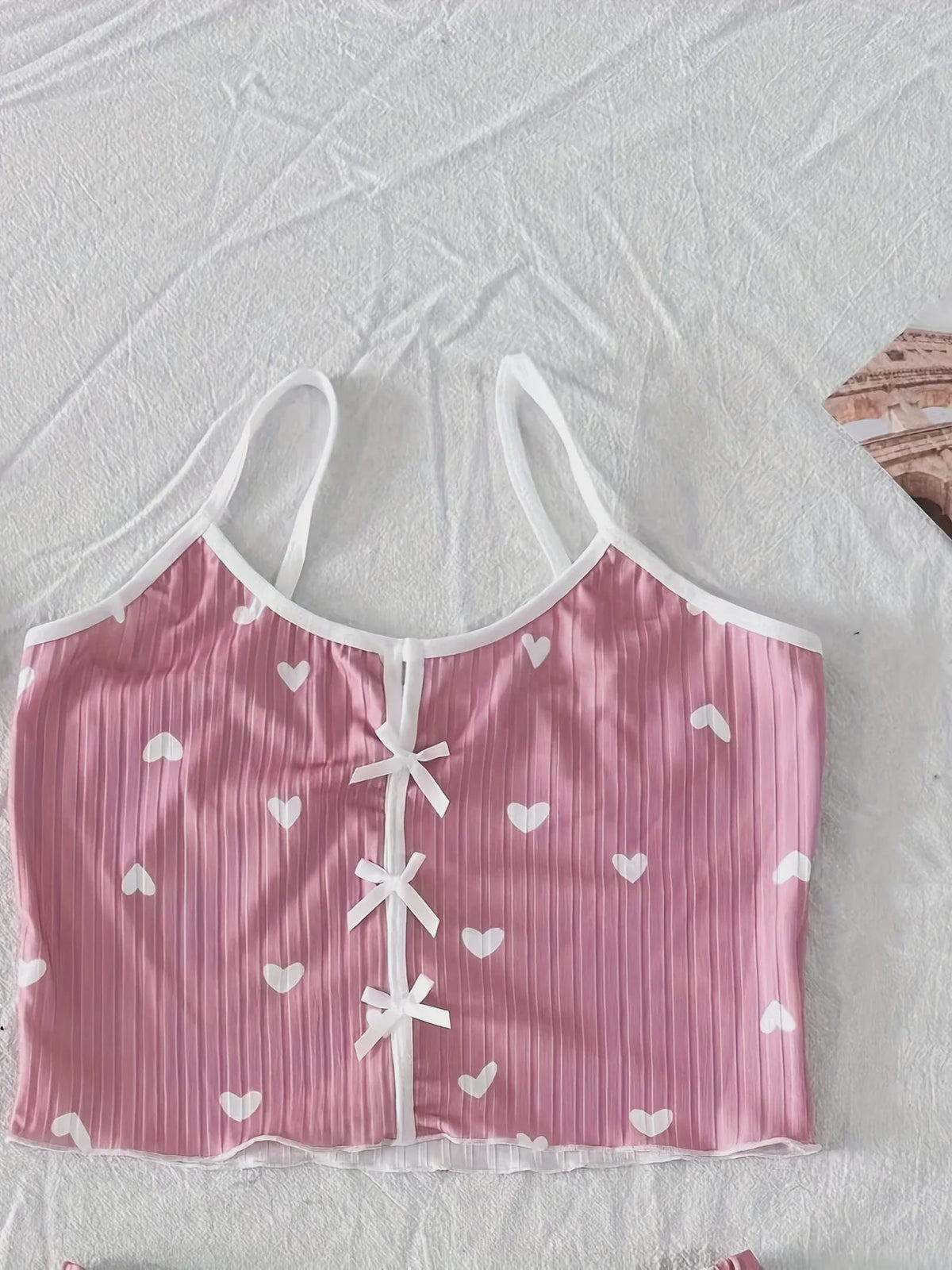 Dames Pyjama Set Hartjes Print - Cropped Cami Top met Strik & Elastische Shorts
