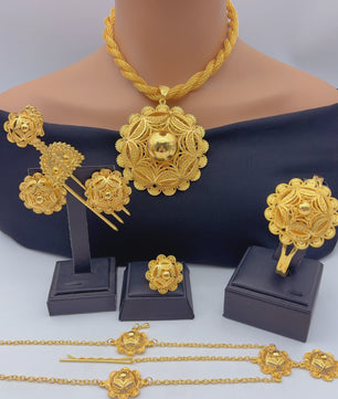 Gouden Sieraden Set Dames 24k Verguld - Afrikaans/Indisch Design met Grote Hanger - Bruiloft & Cadeau
