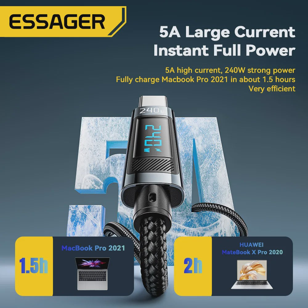 Essager 240W USB-C naar USB-C Kabel met Digitaal Display - PD 3.1 Snellader