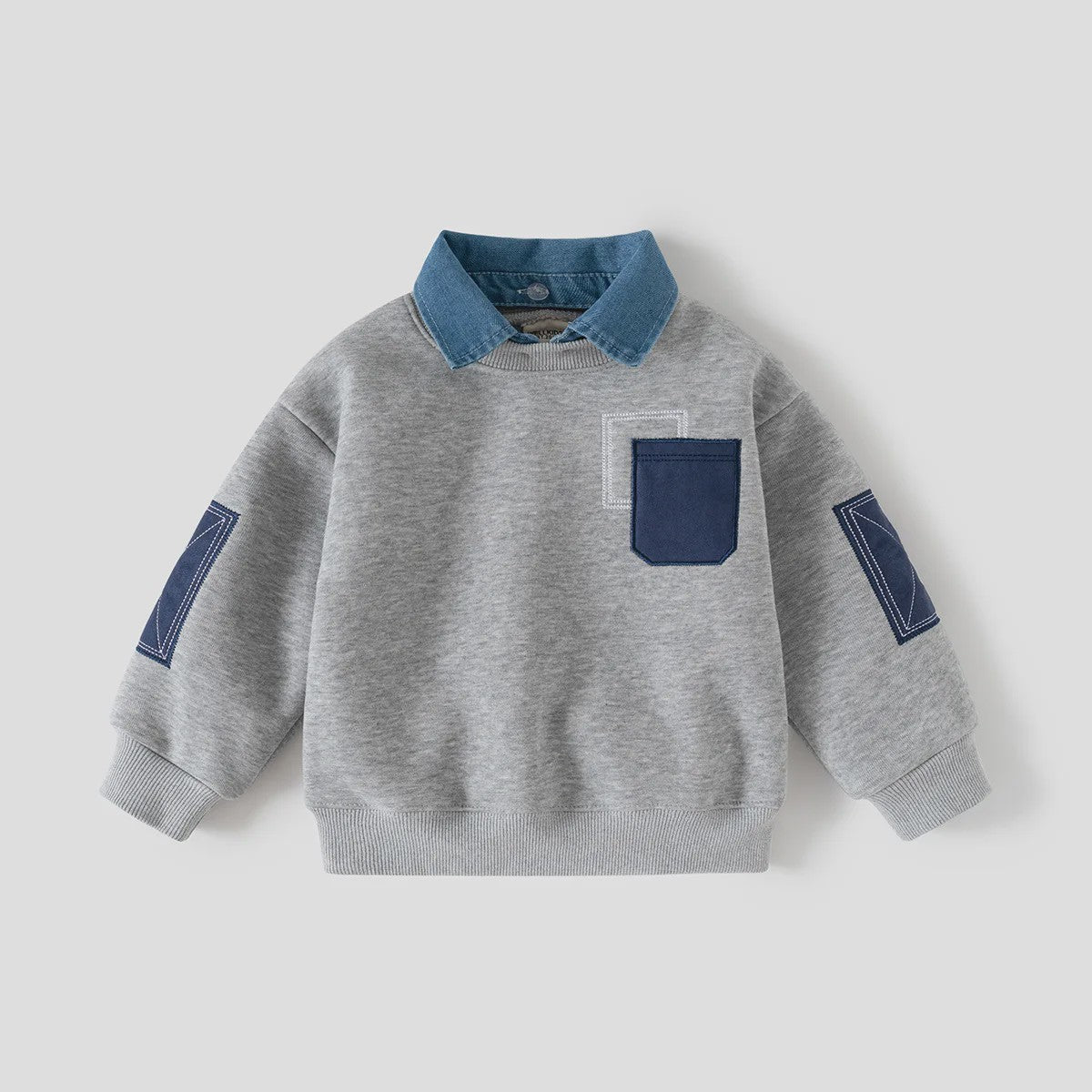 Warme Kinder Sweater met Denim Kraag en Patch Pocket - Herfst/Winter Collectie