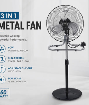 3-in-1 Metalen Ventilator: Vloer, Tafel & Wandmodel - Verstelbaar tot 130cm