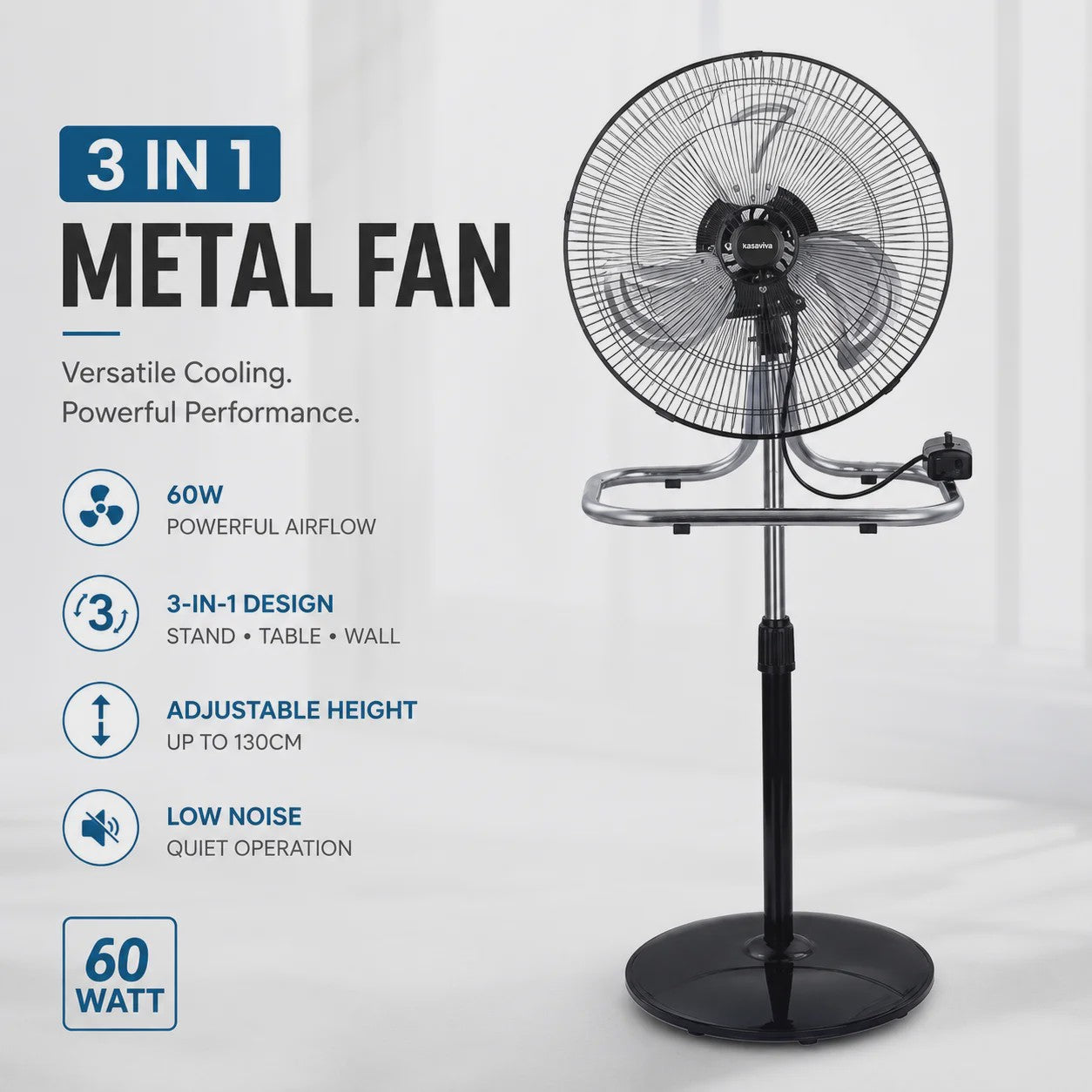 3-in-1 Metalen Ventilator: Vloer, Tafel & Wandmodel - Verstelbaar tot 130cm