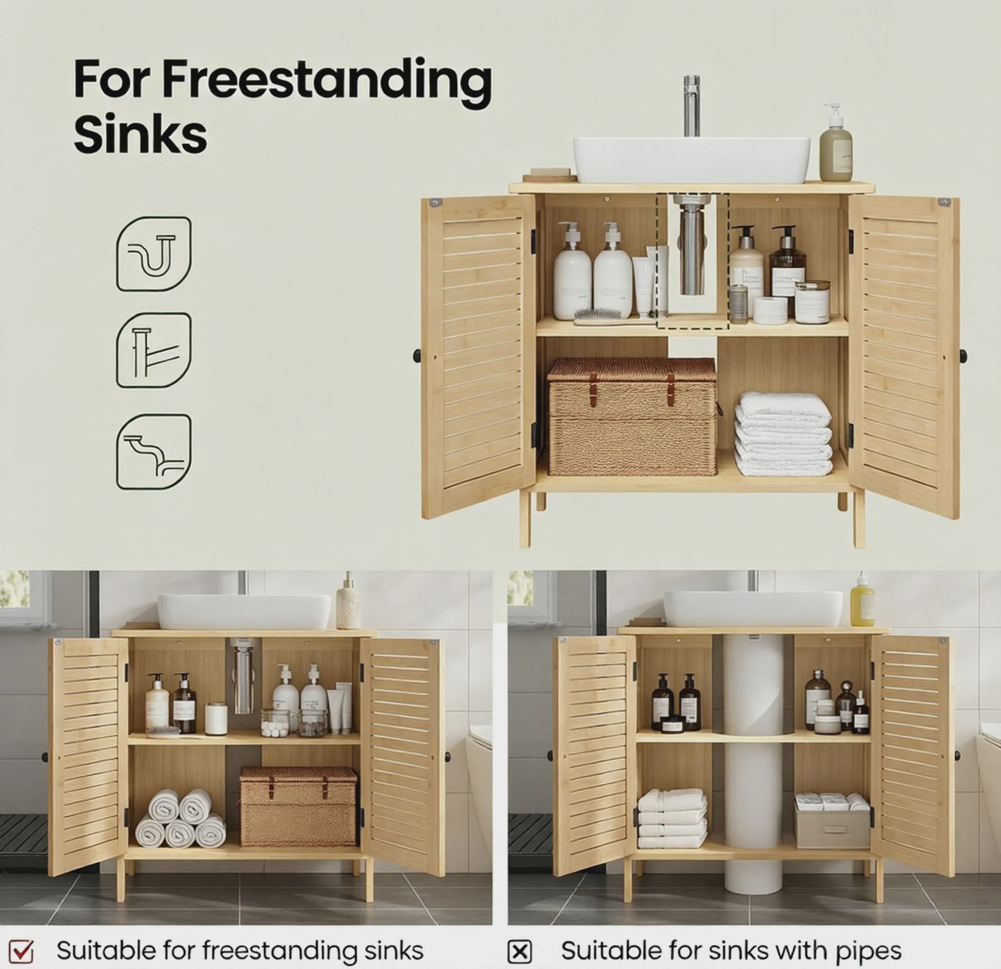 Bamboe Onderbouw Kast Badkamer 60x30x60cm met 2 Deuren en Verstelbare Plank