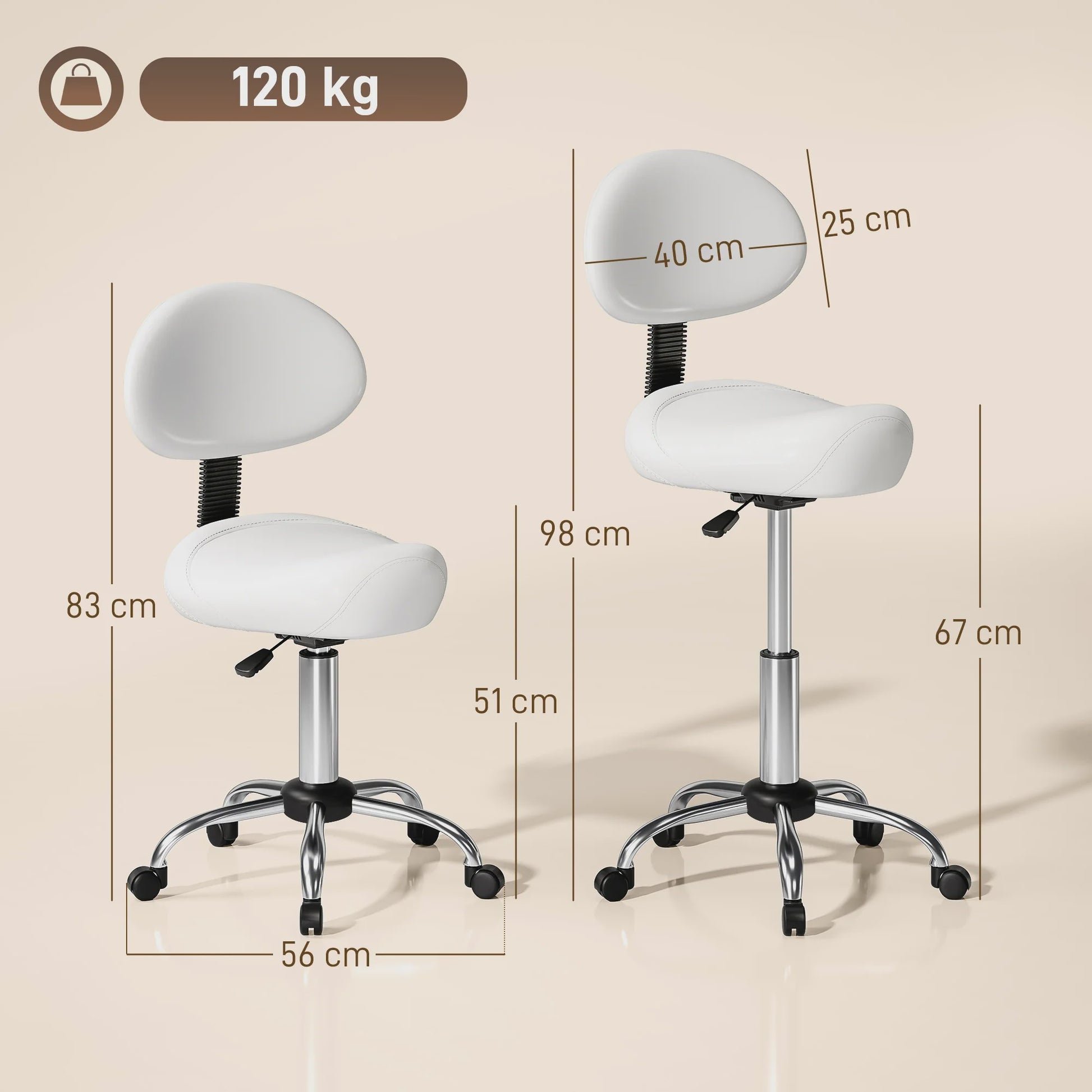 Verstelbare Zwenkstoel met Rugleuning en Wielen - Wit - Ideaal voor Salon & Studio