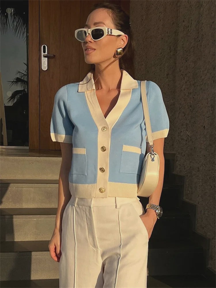 Elegante Gebreide Cardigan met Korte Mouwen en Contrastdetails