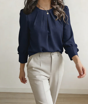 Dames Blouse met Ronde Hals en Plooien - Elegante Lange Mouwen Top voor Casual en Kantoor