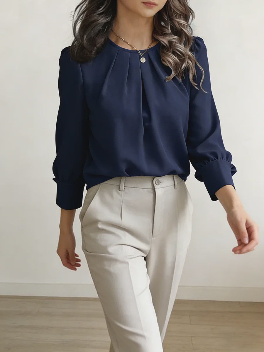 Dames Blouse met Ronde Hals en Plooien - Elegante Lange Mouwen Top voor Casual en Kantoor