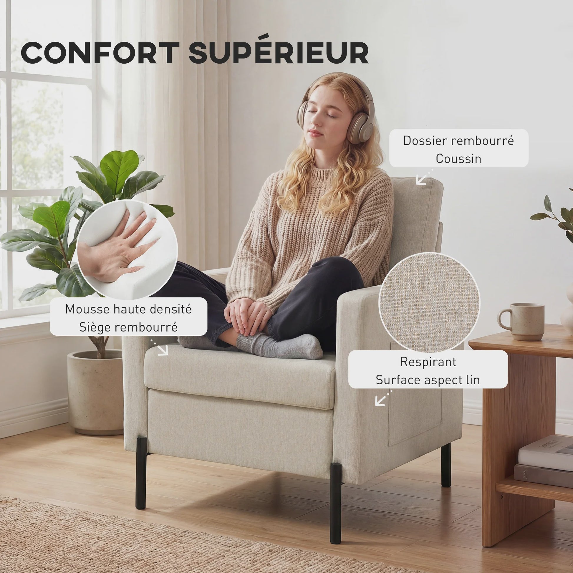 Comfortabele Beige Fauteuil met Armleuningen en Stalen Poten - Stijlvol en Duurzaam