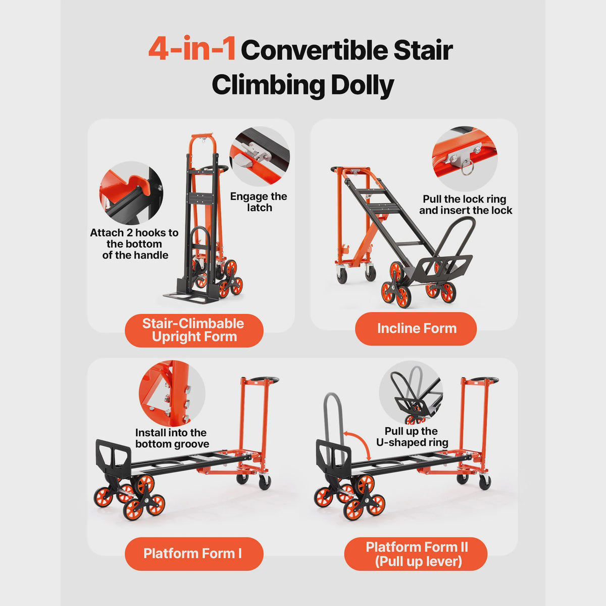 3-in-1 Industriële Omslagbare Traplift Kar - 350 kg Max. Draagvermogen - Opvouwbare Handkar Dolly