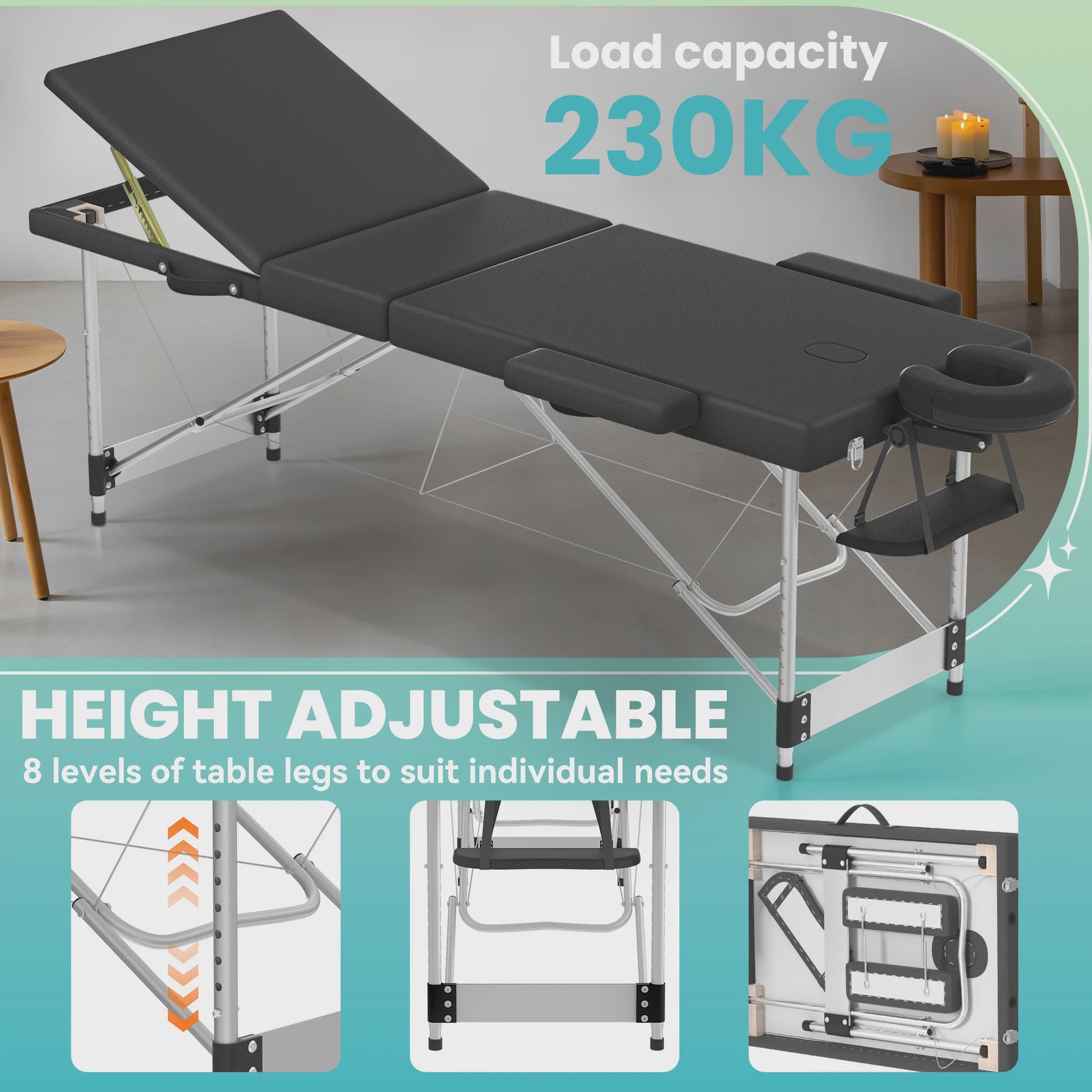 Draagbare Massage Tafel Aluminium - Inklapbaar, Verstelbaar (62-83cm), 230kg Draagkracht, met Armleuningen & Hoofdsteun