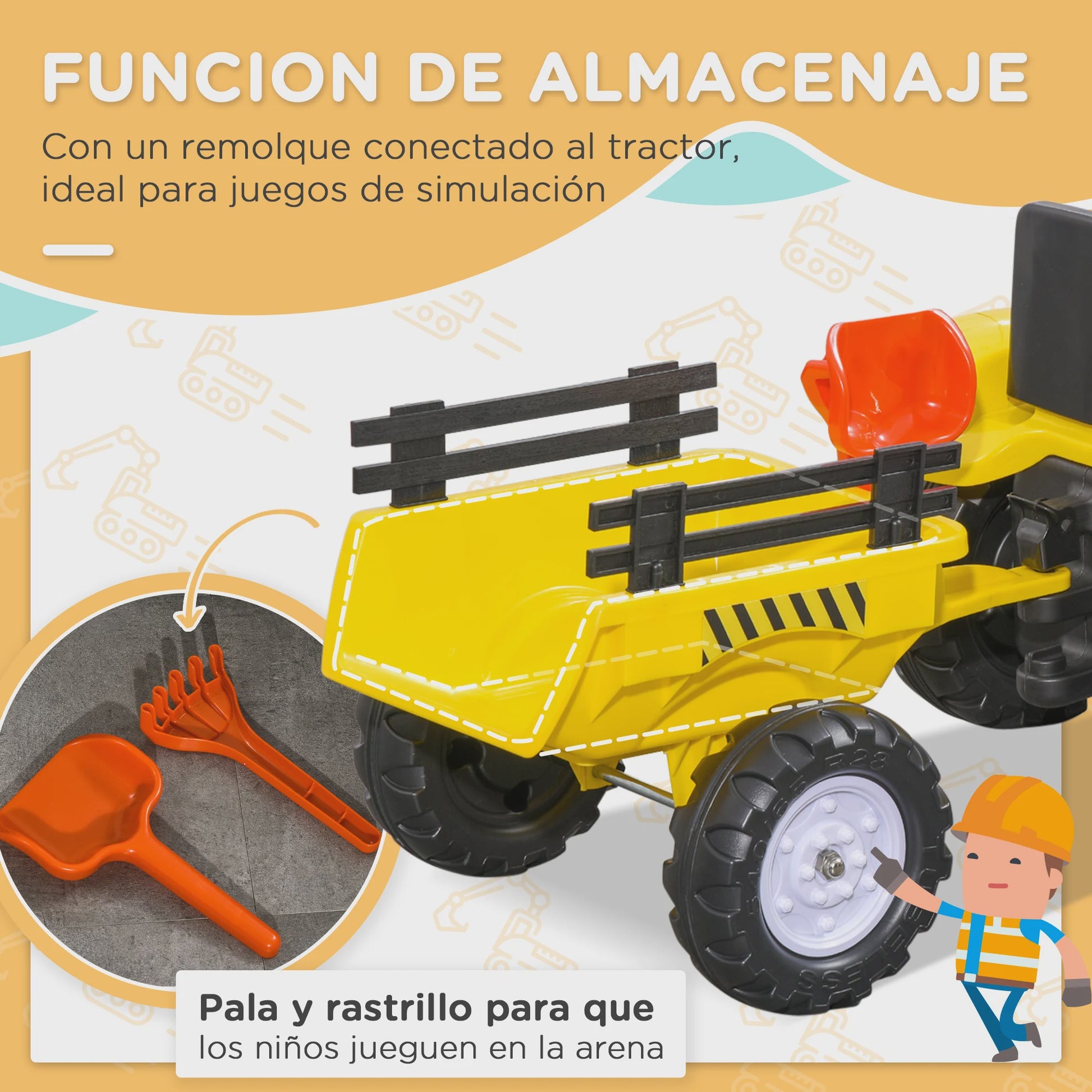Gele Trap tractor met Aanhanger voor Kinderen - Rijplezier tot 35 kg