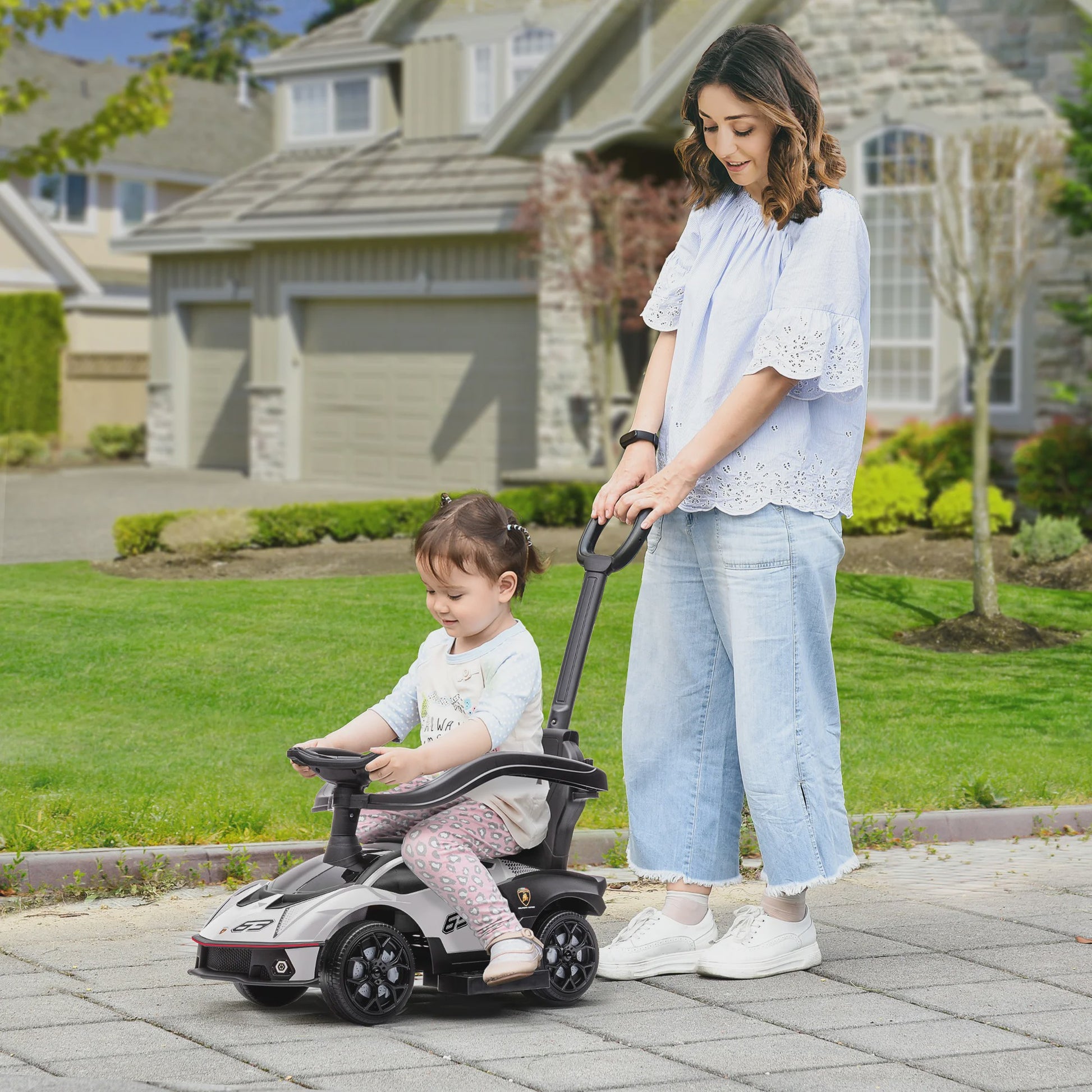 3-in-1 Kinder Loopauto met Duwstang, Stuur en Claxon - Wit