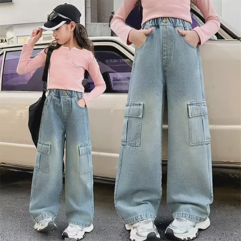 Stoere Meisjes Cargo Jeans - Wijd & Loose Fit | Mode Streetwear voor Kinderen (5-12 jaar)