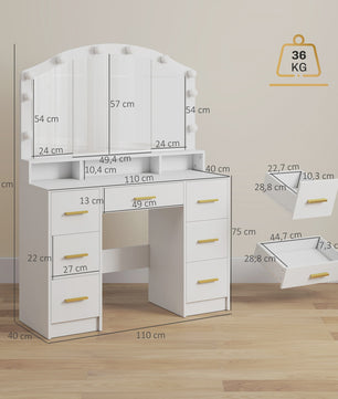 Kaptafel met 10 LED Lampjes (3 Kleuren) en 7 Lades - Wit