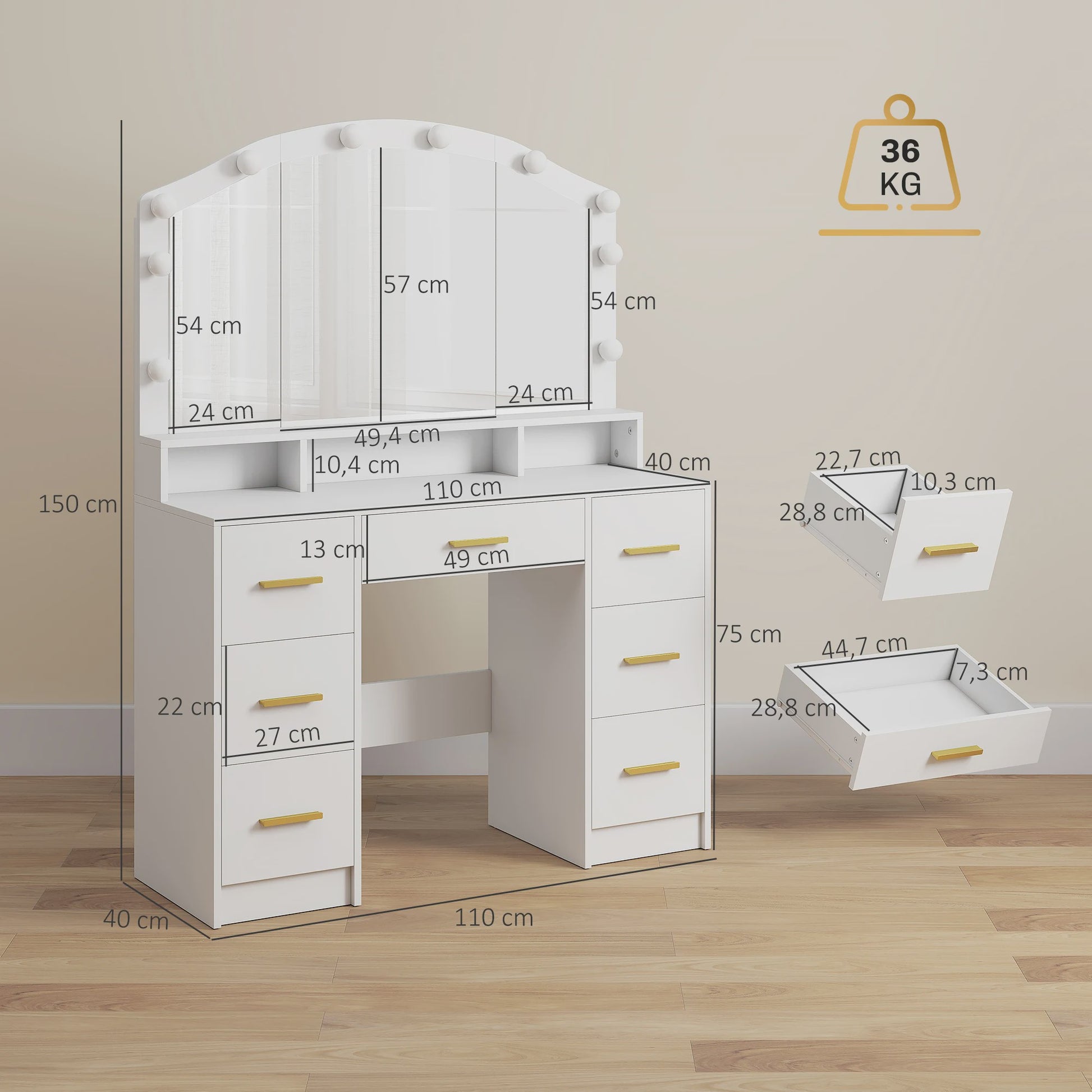 Kaptafel met 10 LED Lampjes (3 Kleuren) en 7 Lades - Wit