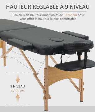 HOMCOM Houten Opvouwbare Massagetafel - 2 Zones - Zwart